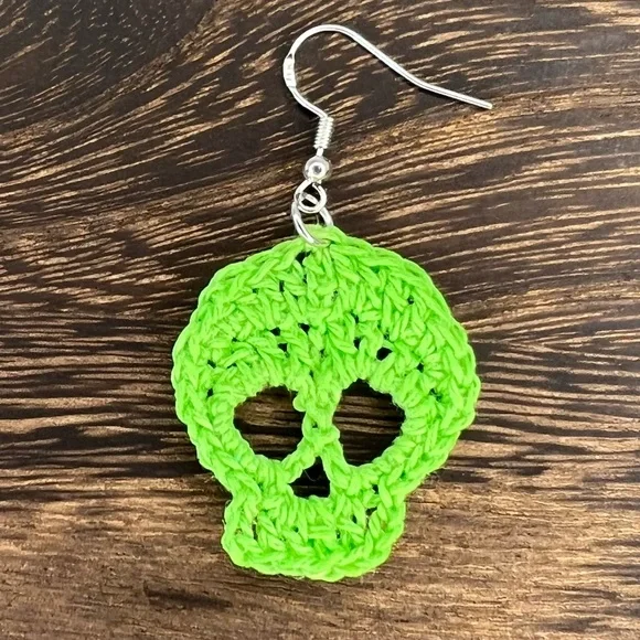 Handmade Crochet Skull Earrings on Hypoallergenic White Gold Plated Hooks - Picture 2 of 6